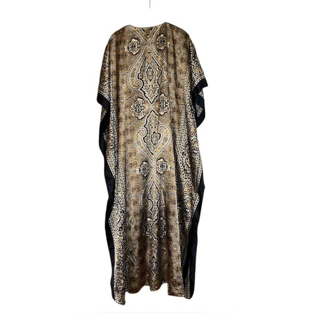 Boho Black Gold Long Maxi Kaftan Paisley One Size Silky Bohemian Statement Piece - Picture 2 of 3